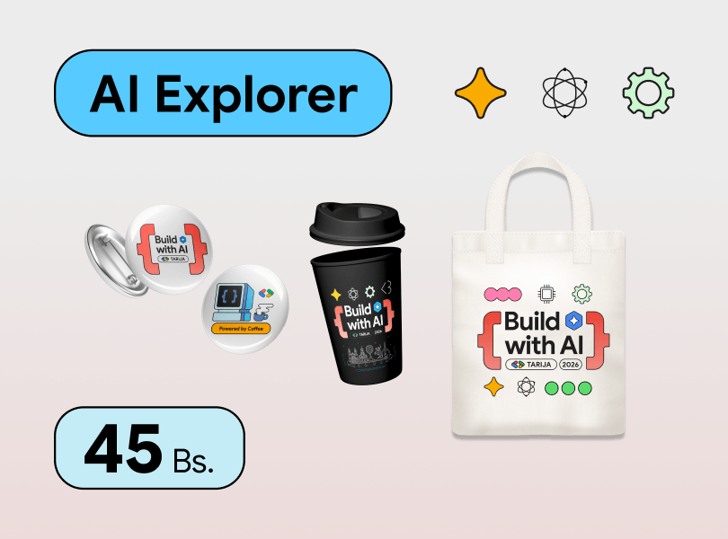 Paquete AI Explorer: 2 pines, vaso y bolsa con diseño Build with AI